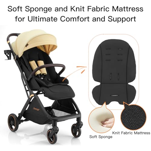 Image of Gromast Gravity Folding Baby Stroller - Portable Travel Toddler Stroller w /Adjustable Backrest, Canopy & Cup Holder, Lightweight and UV Protected, One-Hand Automatic Folding - Beige