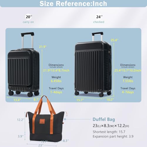 3 Piece Front Opening Luggage Set Hardside Carry on Suitcase with USB Port Expandable Spinner Wheels TSA Lock (Black + ABS)2