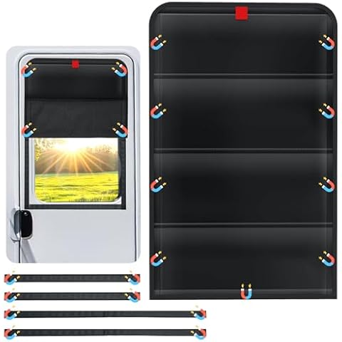 RV Door Window Shade - Magnetic Foldable RV Blackout Window Cover with Thermal Insulation and UV Protection, Camper Trailer Door Window Cover, Waterproof Thickened Oxford Fabric, 25" L x 16" W Cover
