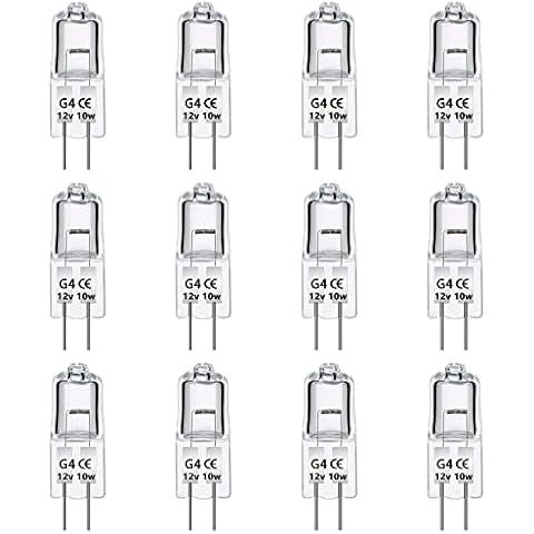 Caldarax 12 Pack G4 Halogen Light Bulbs 10W 12V, Dimmable Clear Capsule Lamp 2 Pin Lamp Bulb, 2700K Warm White, 140LM, G4 Pin Base Halogen Lamps Cover