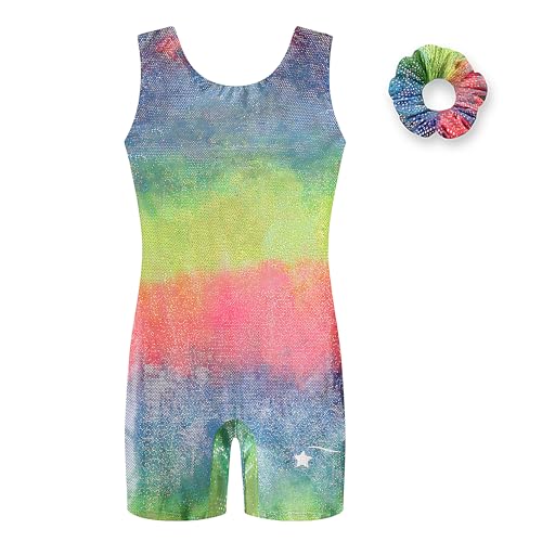 Destira Rainbow Harmony Gymnastics Unitards for Girls, Tie Dye | Premium Performance Hologram Fabric • Biketard Tank Style • Matching Scrunchie • Made in USA • Comfortable Stretch Fit