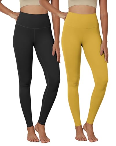 ODODOS 2-Pack Buttery Soft Lounge Yoga Leggings for Women Full Length 28" High Waist Yoga Pants, Black+Mango Mint, Small