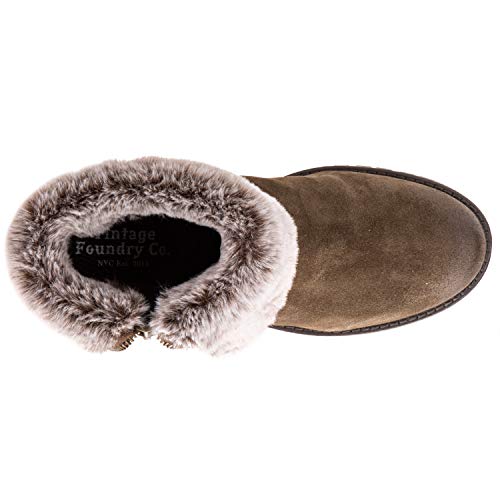 Vintage Foundry Co. Jeanette Women’s Fashion Classy Elegant Biker Rugged Fur-Lined Olive-Green Soft Leather Side Zip-Up Ankle-Boots, Round-Toe, Chunky Heels Platform, Rubber Lug Sole; Size 10 #TOP7