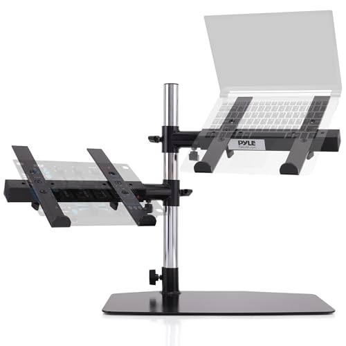 Pyle Soporte Doble para portatiles, De Mesa, Ergonomico, Altura Ajustable, Brazos, Ideal para mezcladores DJ, Equipos de Sonido, Estaciones de Trabajo y Gaming