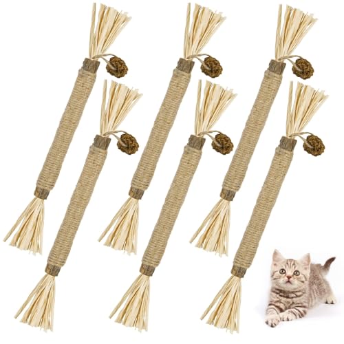 Adiwo Masticar Palos Gato, 6PCS Juguetes para Masticar Gatos, Rafia Juguetes para Masticar Gatos, Juguetes Palitos Sticks de Hierba Gatera, Palitos de Catnip para Limpieza de Dientes de Gato