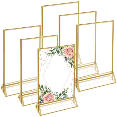 MEIDIV 6Pack A5 Acrylic Sign Holder, Double Sided Table Menu Holders, A5 Display Stand, Gold Frames Sign Holder for Picture Photos,Wedding Table Numbers, Restaurant Signs, Poster, Leaflet