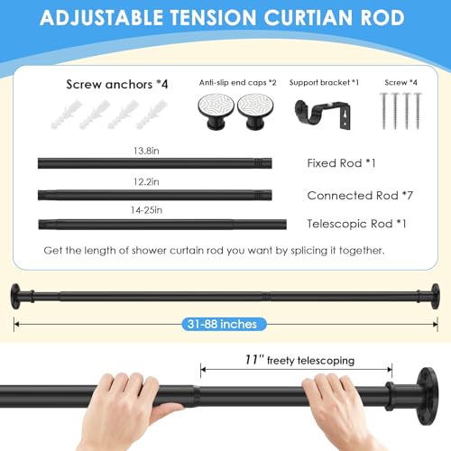 Image of Outdoor Tension Rods 31-132 In(11ft) Adjustable No Drilling Black Long Shower Curtain Rods for Bathroom Patio Stainless Steel Rustproof Heavy Duty Thick Spring Rod Balcony Window Apartments Non Slip