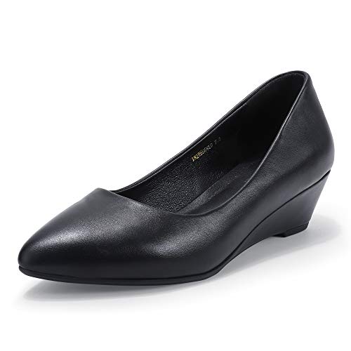 IDIFU Women's Dress 2 Inch Low Heels Wedge Pumps Closed Pointy Toe Slip On Shoes for Wedding Work Office Cocktail