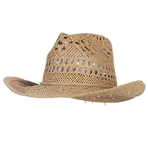 Gemvie Men & Women's Summer Cowboy Cowgirl Straw Hat Hollow Out Style Roll Up Brim Cowboy Sun Hat Coffee #TOP1