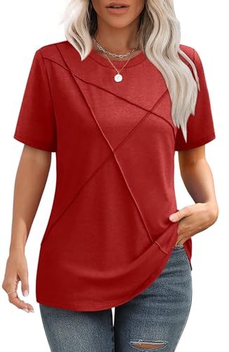 Womens Blouses Dressy Casual Summer Short Sleeve Tunic Tops to Wear with Leggings Pleated Red L