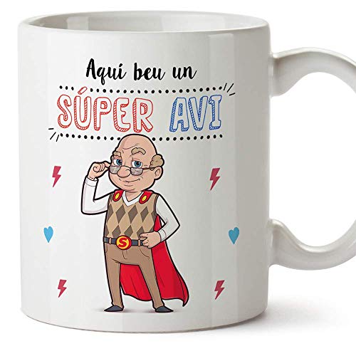 MUGFFINS Caneca avô (Em Catalão) - "Aqui beu um Super Avi" - Caneca de pequeno-almoço/ideia presente Dia do Pai. Cerâmica 350 ml