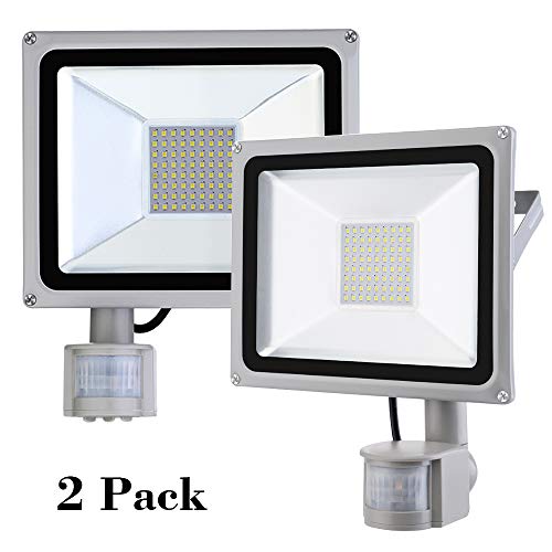2 x 50W Focos LED Exterior con Sensor de Movimiento Foco Proyector LED 4000LM Luz de Seguridad Impermeable IP65 Floodlight 6500K Blanco Frío Foco para Iluminación de Seguridad Garaje Patio Fábrica