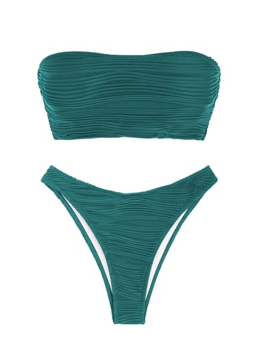 Image of ZAFUL Women Strapless Textured Bandeau Bikini 2 Piece Swimwear Cheeky Solid Lace up Bathing Suits