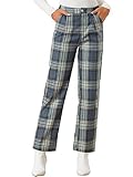 Allegra K Women's Plaid Trousers Pockets Straight Leg Pants X-Large Gray Blue