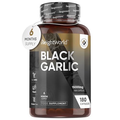 Black Garlic Capsules - 6 Months Supply - 180 High Strength Black Odourless Garlic Capsules - 15,000mg per Capsule - Rich Source of Amino acids - Vegan, Gluten-Free & Non-GMO Black Garlic Supplement