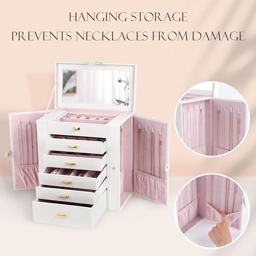 Kendal Extra Large Jewelry Box Jewelry Case PU Leather 6 Tier 5 Drawers Large Storage Capacity with Mirror Jewelry Storage Organizer Great Gift Also Good For Watches LJC-SHD5CM(White) by Kendal - Used condition - Image 4