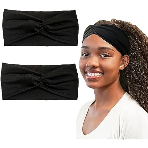 Hjiaruiky 2Pcs Turban Headbands for Women Boho Stretchy Fashion Headbands Fabric Twist Knotted Cloth Cute Thick Headband Head Wraps for Womens Girls Black Cover