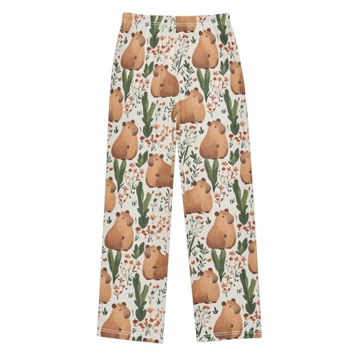 Boys' Pants Brown Capybaras Leaves Flower Long Bottoms Jogger Pants Elastic Waist Trousers with Pockets S-XL