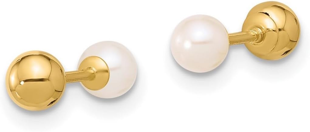 14k Solid Yellow Gold 3-4mm Round Fwc Pearl Front and Back Ball Post Earrings 2.75x2.75mm Wide Ball Earring for Women