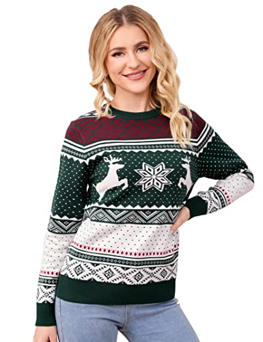 Image of MISSKY Family Christmas Sweater Crew Neck Reindeer Snowflakes Knitted Pullover for Women /Men /Kids