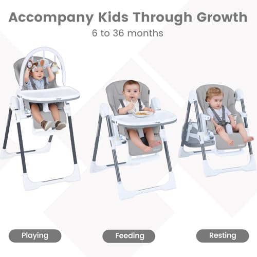 Image of INFANS High Chair for Babies and Toddlers, Foldable Highchair with 7 Different Heights 4 Reclining Backrest Seat 3 Setting Footrest, Removable Tray Built-in Rear Wheels with Locks