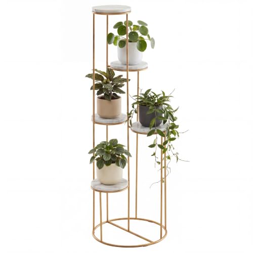 Blumenständer Echter Marmor Weiß 365x1075x365 cm Pflanzenständer Stehend Gold Blumenhocker Wohnzimmer Freistehend mit 4 Ablagen Pflanzenregal
