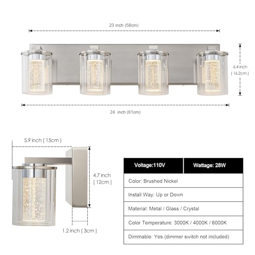 Image of SineRise Bathroom Vanity Light with 3 Color Modes (3000K /4000K /6000K), Eye Protection LED Bathroom Light Fixture, Dimmable Modern Wall Light Over Mirror with Clear Glass Shade (Nickel, 4-Light)