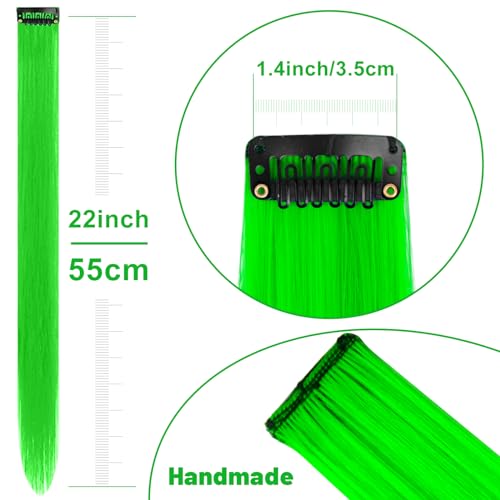 TOFAFA 22 inch Colored Hair Extensions Straight Hairpiece, Multi-colors St. Patrick's Day Party Highlights Clip in Synthetic Hair Extensions for Women Kids Girls Cosplay Gift(10 PCS Green)