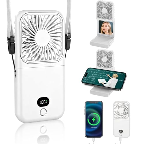 Necomi Portable Neck Fan with Lanyard, USB-Charging Mini Neck Fan, 5-Speed, Pocket-Size Quiet Fan, LED Display&Makeup Mirror, for Travel/Outdoor/Makeup/Camping, and Office Use (White)