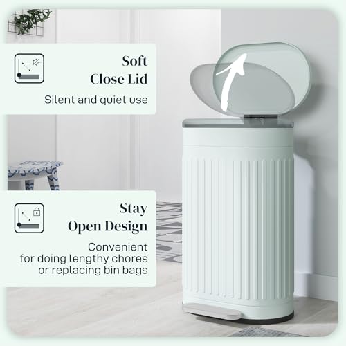 HOMCOM 30 Litre Pedal Bin, Fingerprint Proof Kitchen Bin with Soft-close Lid, Metal Rubbish Bin with Foot Pedal and Removable Inner Bucket, Light Green - Image 3