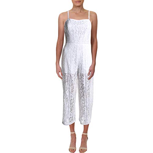 Image of French Connection Women's Black Lace and Sheer Fitted Straight Leg Jumpsuit, White, 2