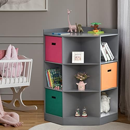 COSTWAY 9-Cubby Kids Storage Cabinet, Children Corner Toy Organizer Bookcase with Large Baskets and Anti-tipping Hardware, Wooden Storage Sideboard for Play Room Child Bedroom Living Room