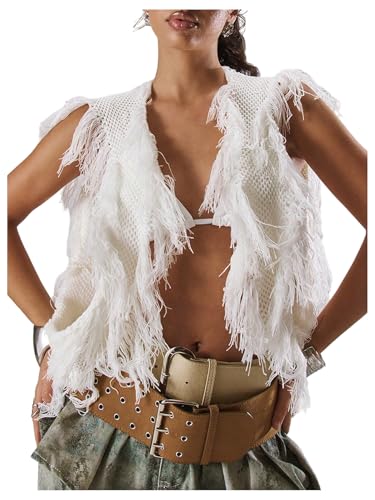 GORGLITTER Women's Crochet Fringe Vest Sleeveless Y2K Cardigan Cowgirl Boho Tops3