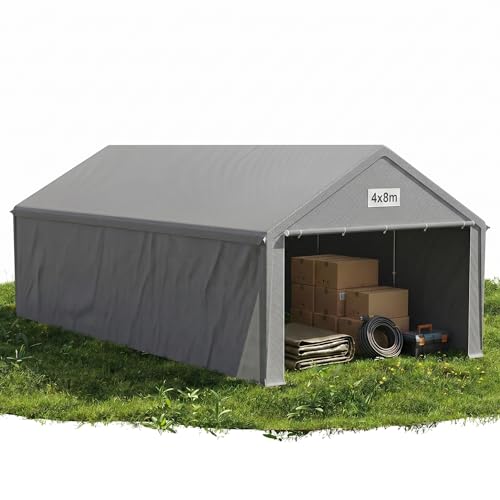 QEENTOE Lagerzelt 4x8 m Wasserdicht Reißfest, Stabiler Industriezelt Garagenzelt mit geschlossenen Wänden, Robuste PVC & PE-Plane für Lagerung Auto und Außenbereich Grau