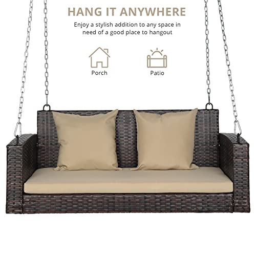 Outvita Porch Swing 2 Person Hanging Bench, Wicker Outdoor Swing Bench With Cushion And Pillow For Patio, Yard, Garden Hold Up To 800 Lbs (Khaki) #TOP3