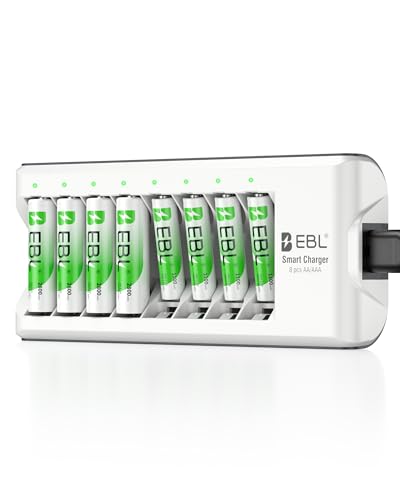 EBL Rechargeable Batteries with Charger, 1.2V NiMH AA Batteries 2800mAh 4Counts & AAA Batteries 1100mAh 4Counts with 8-Bay Smart Battery Charger