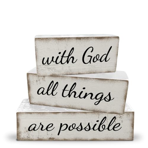 3 Pcs Farmhouse Christian Table Decoration Religious Tiered Tray Decor Rustic Bible Verse Tabletop Centerpiece with God All Things Are Possible Wooden Block Sign for Home Desk Shelf Mantle