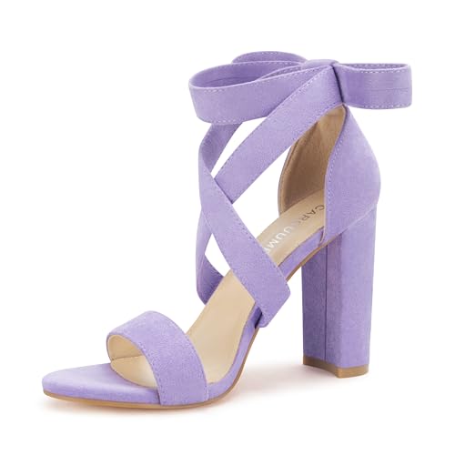 Strappy Heels for Women Chunky Heels High Heeled Sandals with Lace Up Fahsion Casual Nude Block Heel Sandals Ellery-PURPLE-7