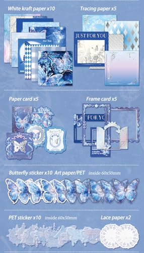 Image of WEMOL Vintage Journal Scrapbook Pack Kit for Art Journaling Bullet, Planners DIY Paper Stickers, Craft Kits Notebook, Collage Album Aesthetic Sticker (Blue Butterfly)