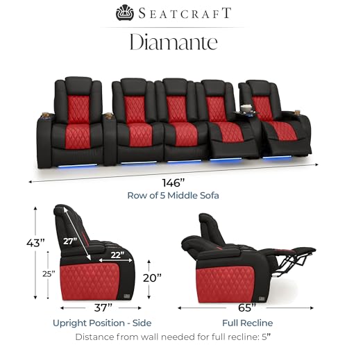 Image of Seatcraft Diamante Black /Red Italian Leather Home Theater Seating, Zero Gravity Power Recliner, Gaming and Home Office Chair, Powered Headrest Furniture for Cinema Room, Row of 5 Middle Sofa