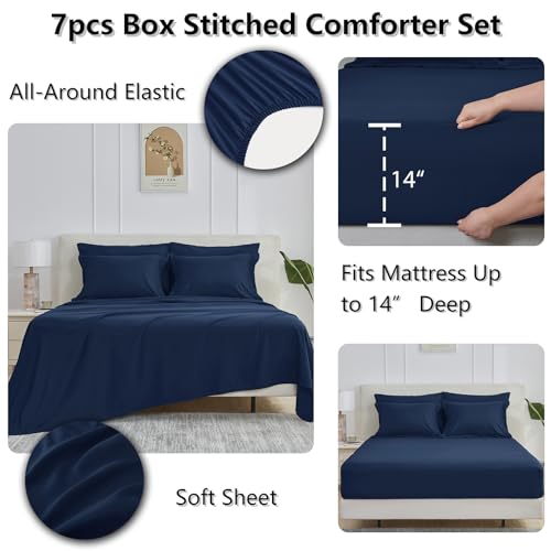 image for CozyLux Queen Comforter Set Navy Blue - 7 Pieces Bed in a Bag Queen, A