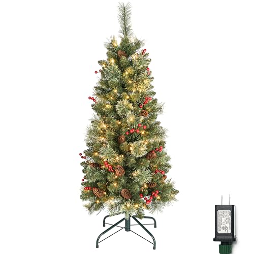4 ft Prelit Christmas Tree with 150 LED Lights, 230 Branch Tips & Metal Stand Red Berries & Pine Cone Slim Pencil Christmas Decoration Tree for Indoor and Outdoor Narrow Space