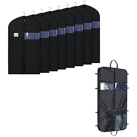 Syeeiex 50" Garment Bag for Travel 1 PCS &40"garment bags for hanging clothes 8 PCS,Convertible Garment Bag with Handle,Steric Zippered Suit Cover with 6 Pockets& 4 Pairs Buckles, Black Cover