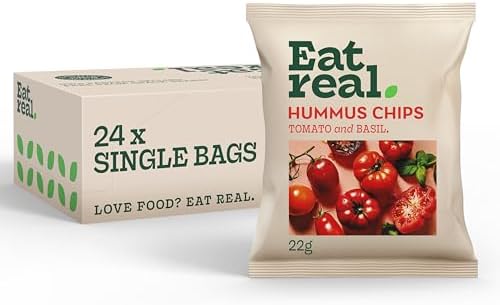 Eat Real, Hummus Chips, Tomato and Basil, 24 X 22g, Gluten-Free Crisps Multipack, Vegan-Friendly, Healthy Snacks, Plant-Based