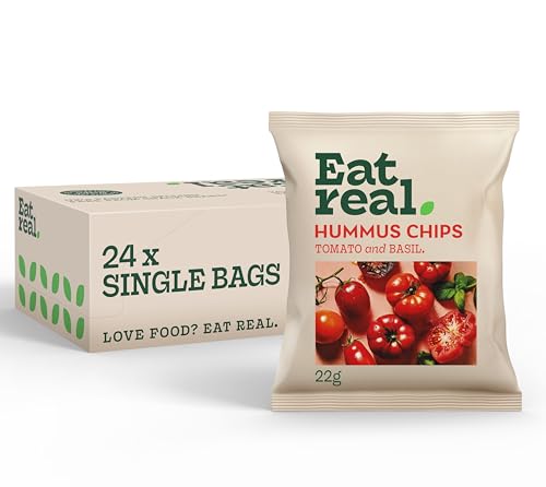 Image of Eat Real, Hummus Chips, Tomato and Basil, 24 X 22g, Gluten-Free Crisps Multipack, Vegan-Friendly, Healthy Snacks, Plant-Based