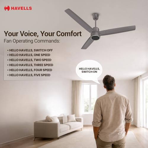 Image of Havells FAB Voice BLDC 1200 mm Ceiling Fan|Direct Voice Command| 5 Star| Upto 65% Saving| Air Delivery: 235 cmm| Low Noise|4 Speed Mode| 380 RPM| 2 Years Manufacturer Warranty (Stone Grey)
