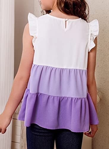Blibean Tween Girls Basic Round Neck Tee Shirts Preteen Ruffle Sleeve Loose Sleeveless Blouses For Party 6-7 Years Lavender Purple #TOP4