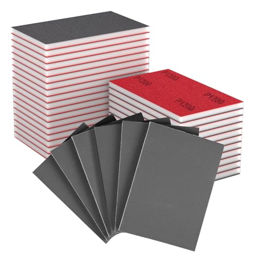 MOGRQAP Éponge de Ponçage 32PCS, Bloc de Mousse Abrasive Flexible, Grains 1200, Tampons Abrasifs Lavables et Réutilisables pour Bois, Métal, Meubles, Mur (70x100mm)