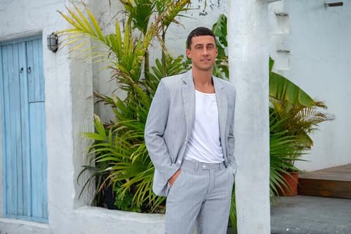 Wangyue Seersucker Suits for Men Slim Fit 2 Piece Suit Summer Beach Wedding Suits Casual Striped Jacket Pants4