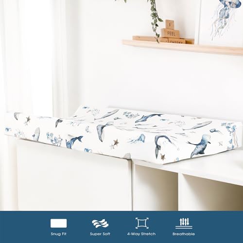 Image of GRSSDER Stretch Ultra Soft Jersey Knit Changing Pad Cover Set 2 Pack, Change Table Pad Covers Fit 32 inch /34 inch x 16 inch Pads Safe and Snug, Sea Fish Print for Girls and Boys